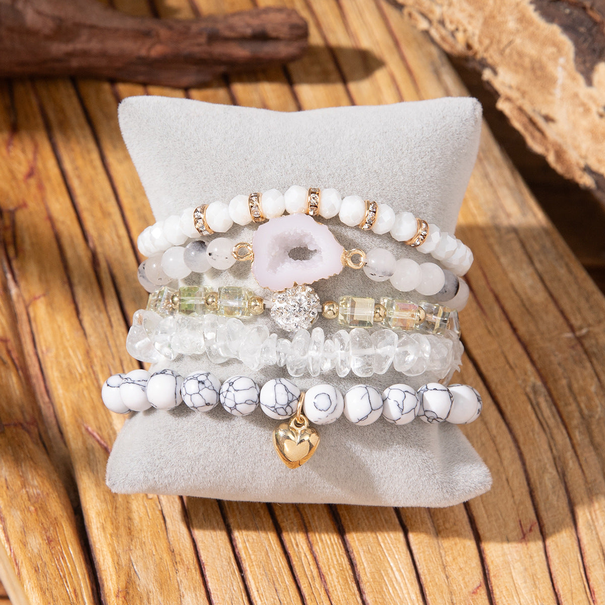 Wholesale 5pcs/set Crushed Rose Quartz Bohemian Beaded Bracelet Set