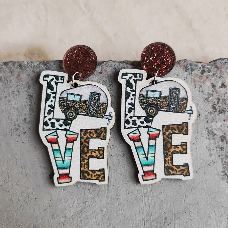 Wholesale 2 pairs/pack Western Style Camping Cow Print Leopard Print Aztec Wooden Earrings ACC-ES-HY001