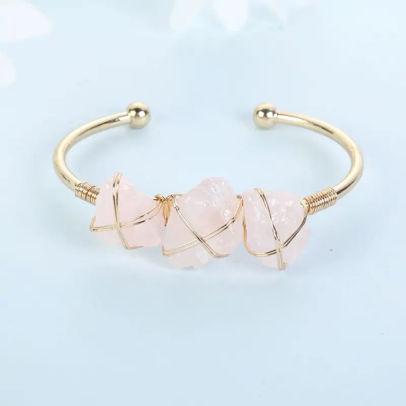 Wholesale Natural Amethyst Pink Quartz Raw Stone Bracelet Hand-woven Open Bracelet Crystal Bracelet Stainless Steel ACC-BT-Qianc001