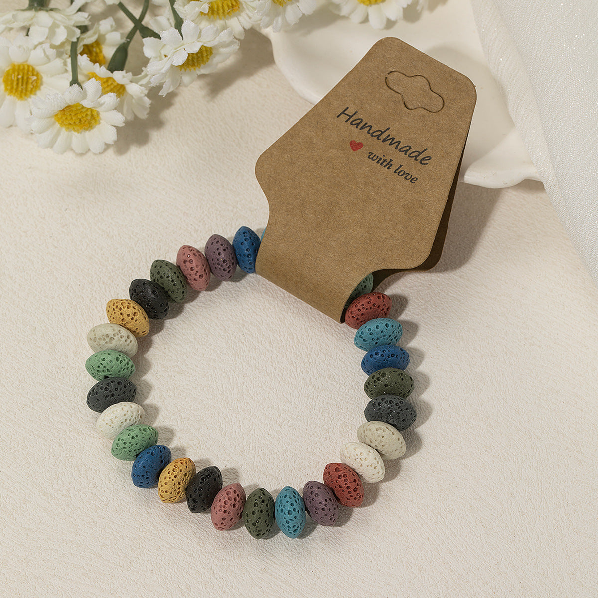 Wholesale volcanic stone beaded kraft paper elastic  bracelet