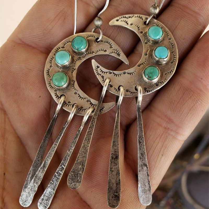 Wholesale Retro Crescent Eyelash Lace Earrings,  Alloy Turquoise Tassel Jewelry Accessory