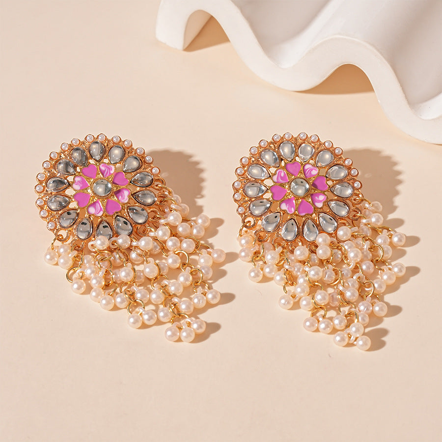 Wholesale Exaggerated Acrylic Round Pearl Tassel Silver Pin Earrings