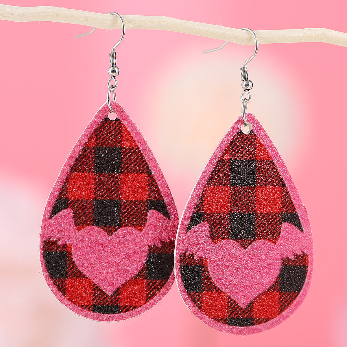 Wholesale Valentine's Day Plaid Love Water Drop Leather Double Sided Earrings