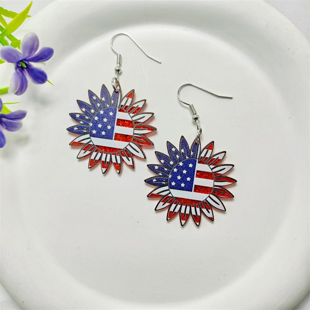 Wholesale Leather American Independence Day Earrings Red White and Blue Flag Color Love Heart Star Sun Flower Earrings ACC-ES-Qiyu001