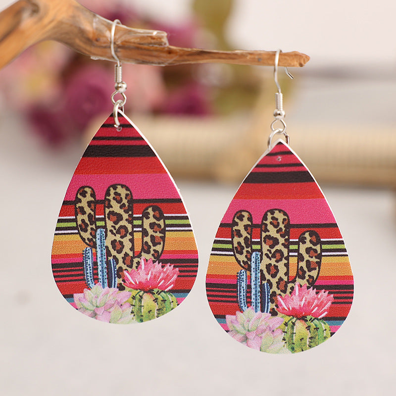 Wholesale  western style cactus leopard pattern drop-shaped leather earrings earrings