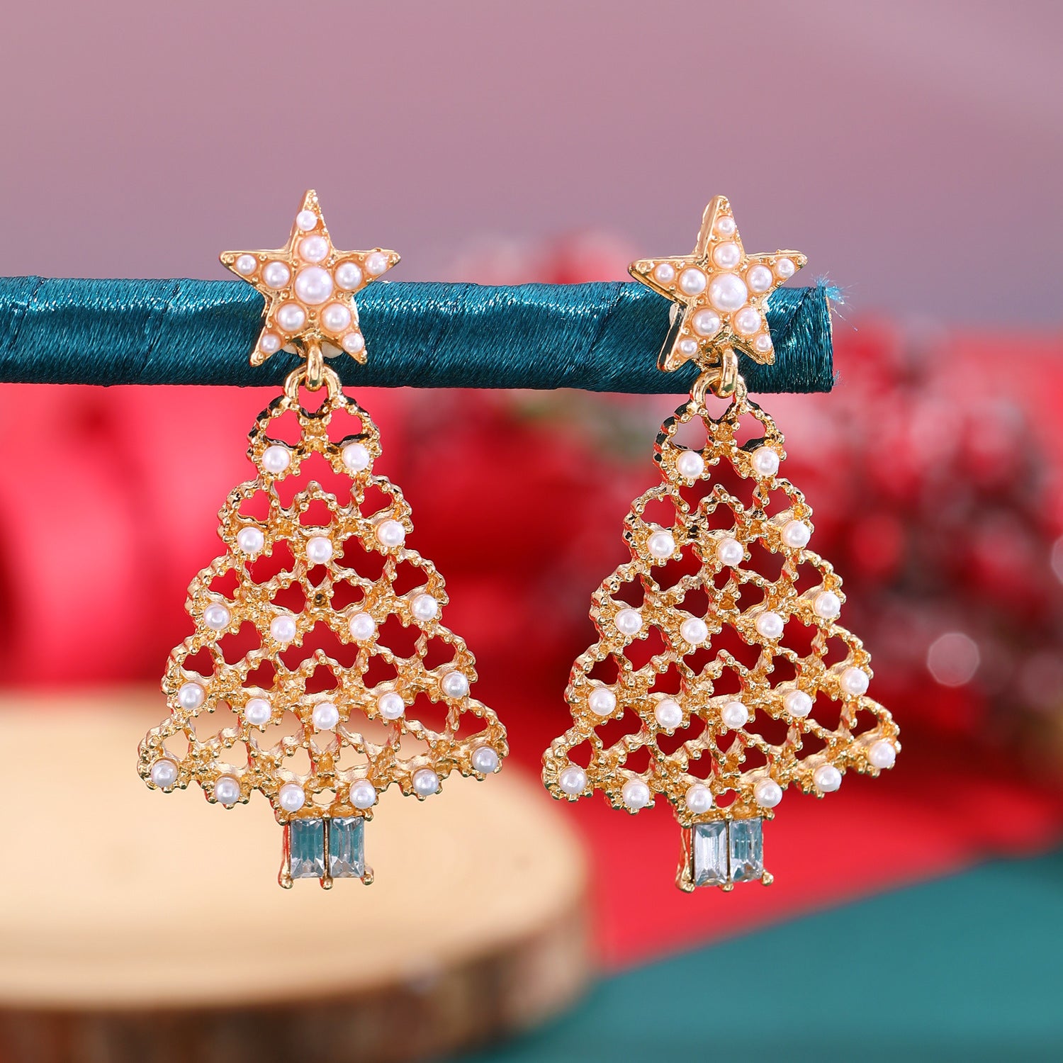 Wholesale Christmas Tree Earrings For Women Colorful Rhinestone Gold Tone Party Jewelry Gift