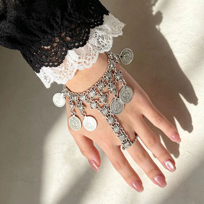 Wholesale Retro Ethnic Style Coin Tassel Finger Bracelet Women Alloy Gold Hand Chain Jewelry Accessory for Gift Boutique Resale