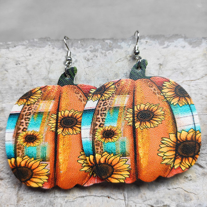 Wholesale 2 Pairs/pack Western Style Cow Sunflower Leopard Print Cross Drop-shaped Leather Earrings ACC-ES-HY054
