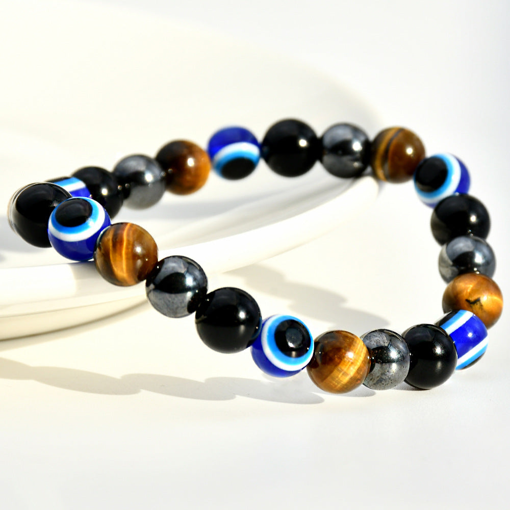 Wholesale Handmade Evil Eye Beaded Bracelet,  Black Stone Tiger Eye Unisex Bracelet,  Trendy Jewelry Accessory for Gift and Everyday Wear