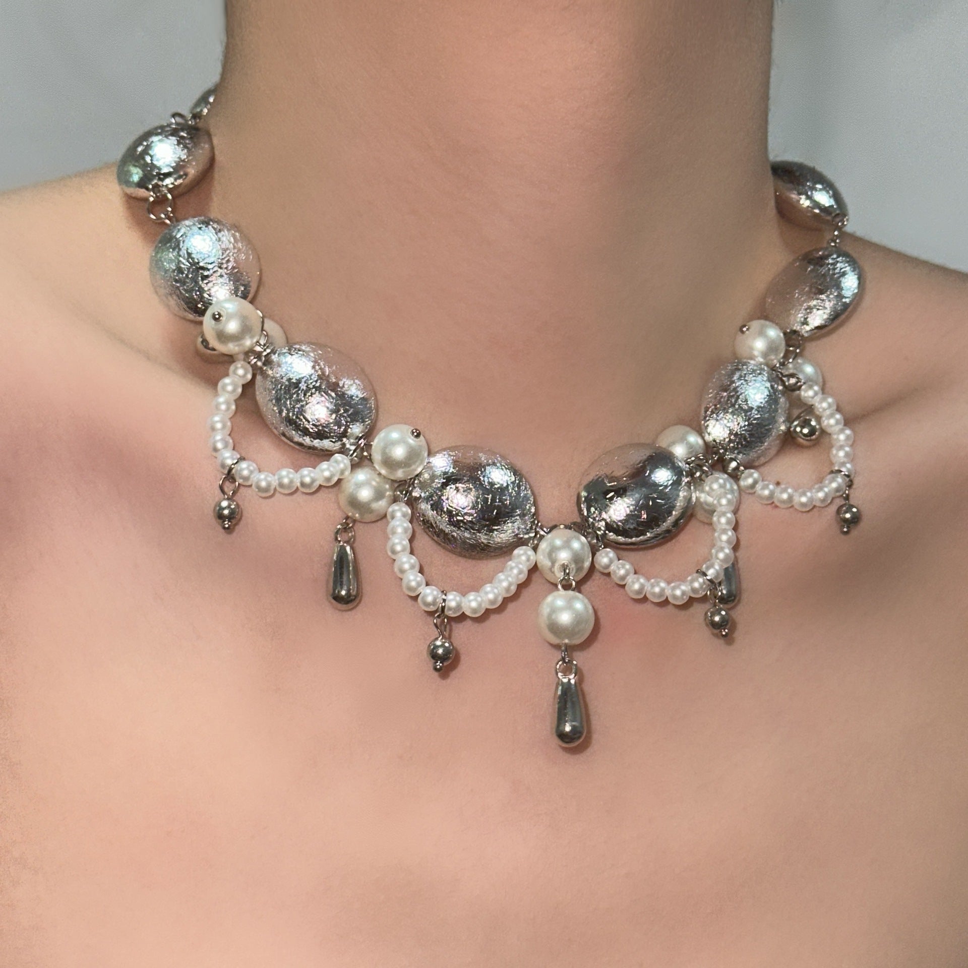 Wholesale Vintage Baroque Court Style Necklace  Pearl Diamond Tassel Multi-layer Short Neck Chain