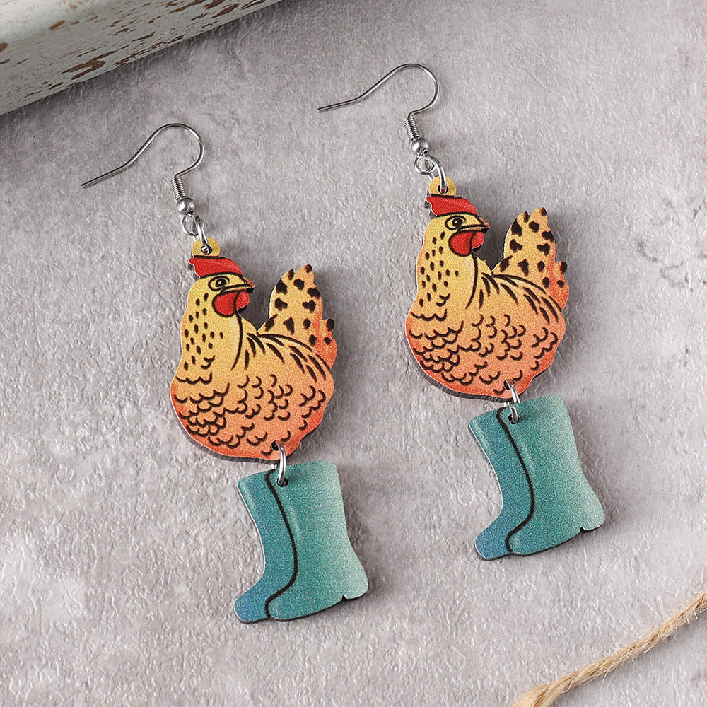 Wholesale Western Farm Cute  Hen Chick Flower Boots  Wooden Double-sided Earrings