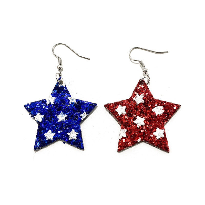 Wholesale American Independence Day Pentagram Glitter Asymmetrical Leather Earrings ACC-ES-XinChuan012