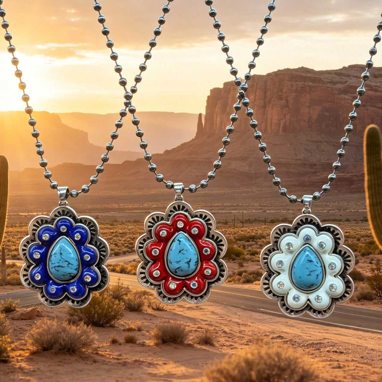 Wholesale Vintage Bohemian Turquoise Rhinestone Flower Pendant Necklace Zinc Alloy Bead Chain Women S Fashion Accessory