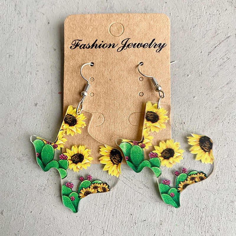 Wholesale USA Texas Map Sunflower Cactus Print Western Style Acrylic Earrings