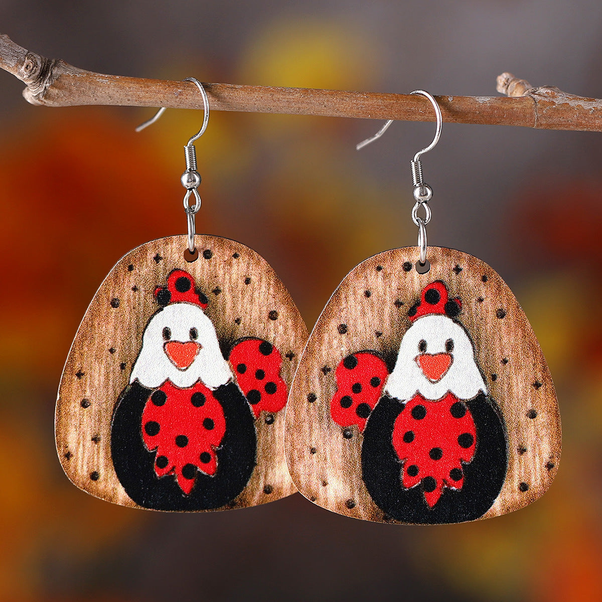 Wholesale Western Style Thanksgiving Day Farm Hen Pendant Wood Earrings ACC-ES-ChuLian028