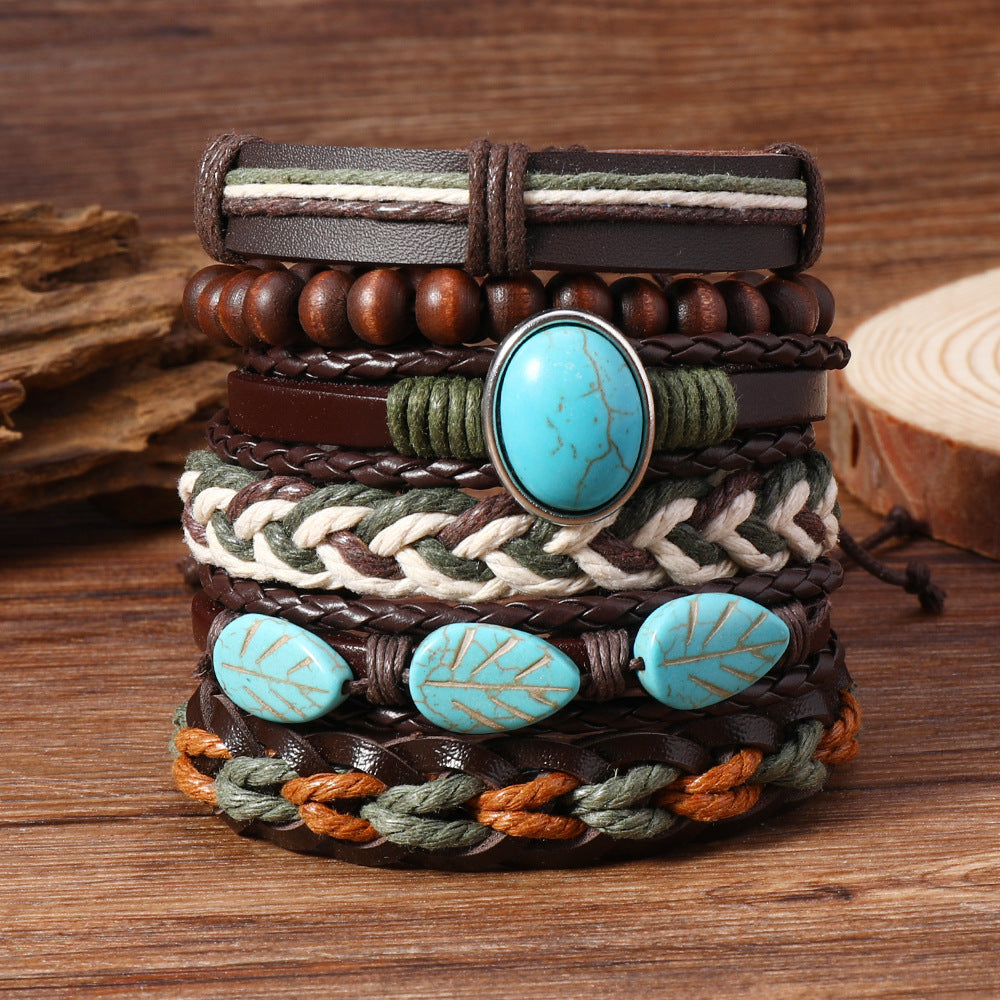 Wholesale Boho Blue Wood Bead Woven Multi Layer Bracelet Set Unisex 6 Piece Fashion Jewelry Accessory For Everyday Wear And Boutique Resale