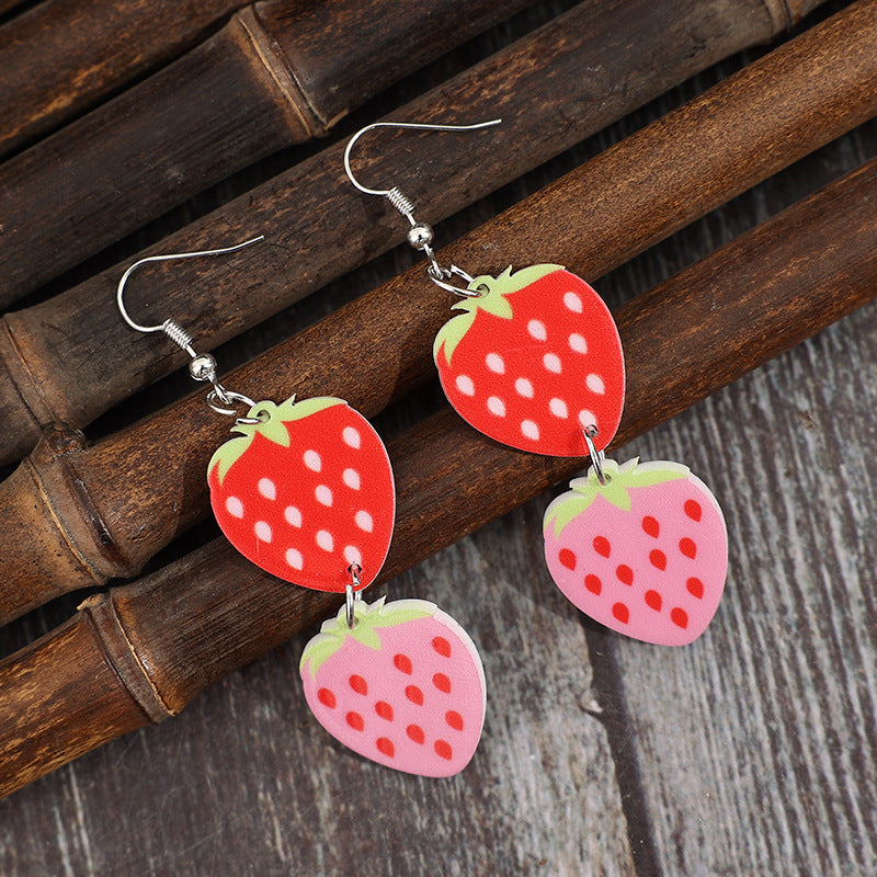 Wholesale two strawberry splicing acrylic fashionable simple ladies earrings