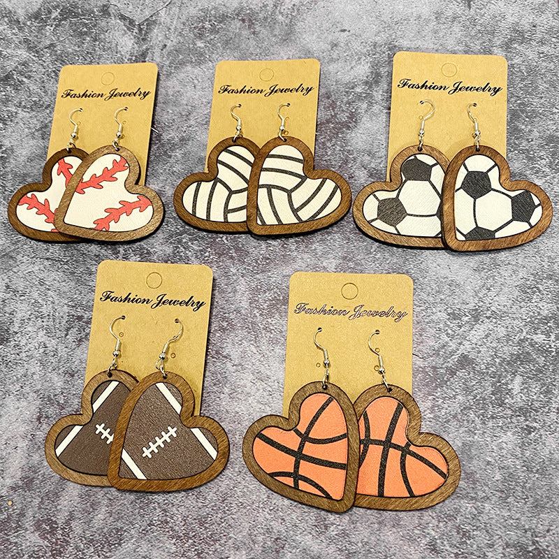 Wholesale Wooden Heart Shaped Sports Ball Earrings Fashion Jewelry Accessory For Casual Wear