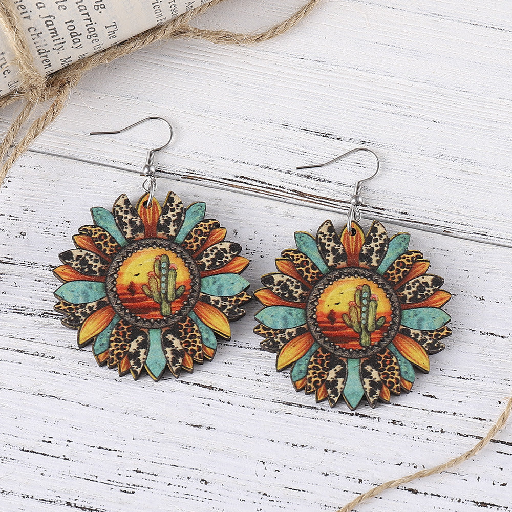 Wholesale Western Style Leopard Print Sunflower Cactus Wood Earrings ACC-ES-ChuLian087