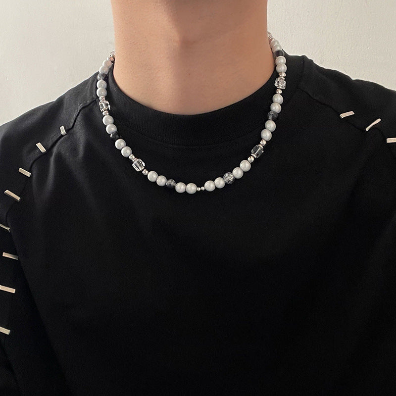 Wholesale reflective pearl splicing cross clavicle chain titanium steel necklace