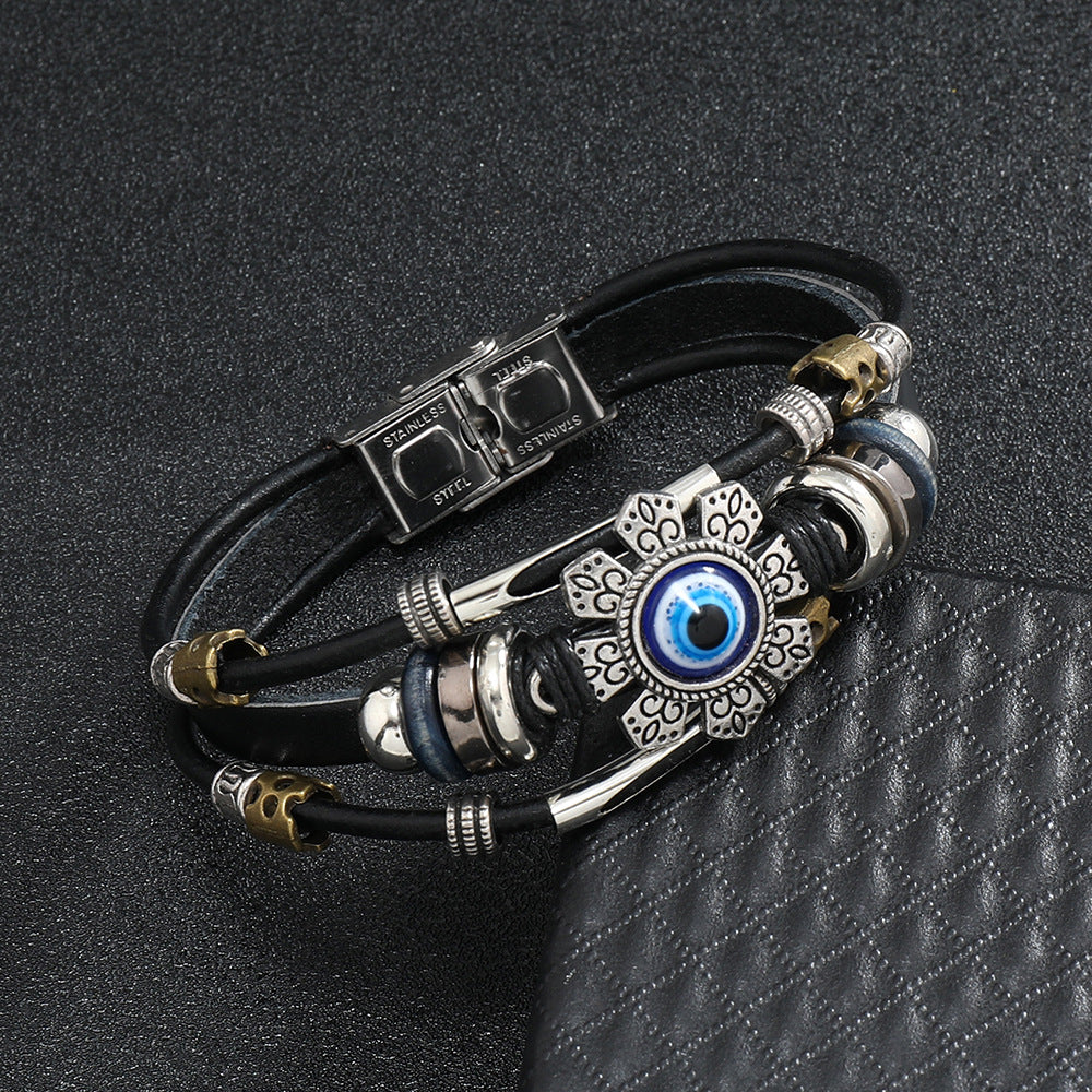 Wholesale Stylish Men S Evil Eye Leather Bracelet Titanium Steel Buckle Fashion Jewelry Accessory