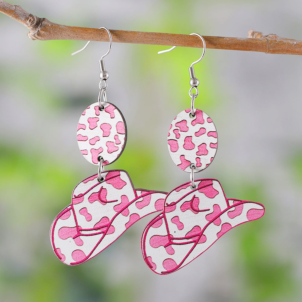 Western style pink leopard print zebra wooden double-sided earrings
