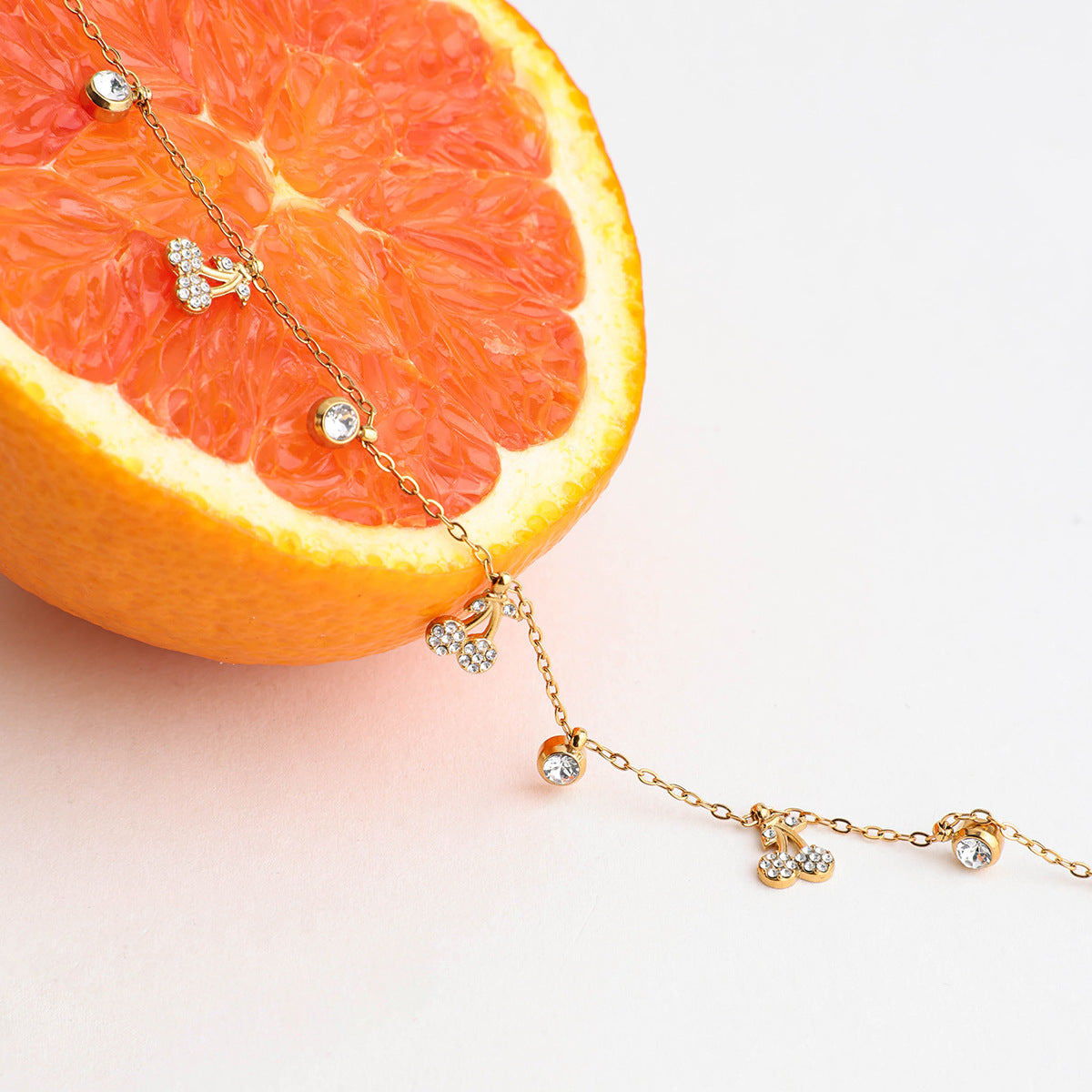 Wholesale 18K Gold Stainless Steel with White Diamond Cherry Pendant Necklace