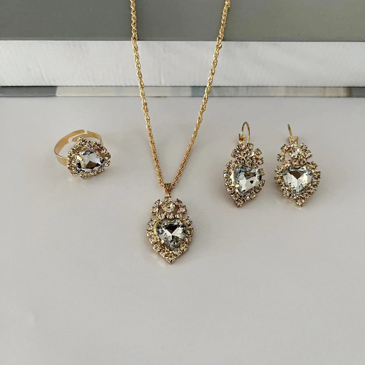 Wholesale Water Drop Heart Rhinestone Set Necklace Earrings Ring ACC-NE-AnHe005