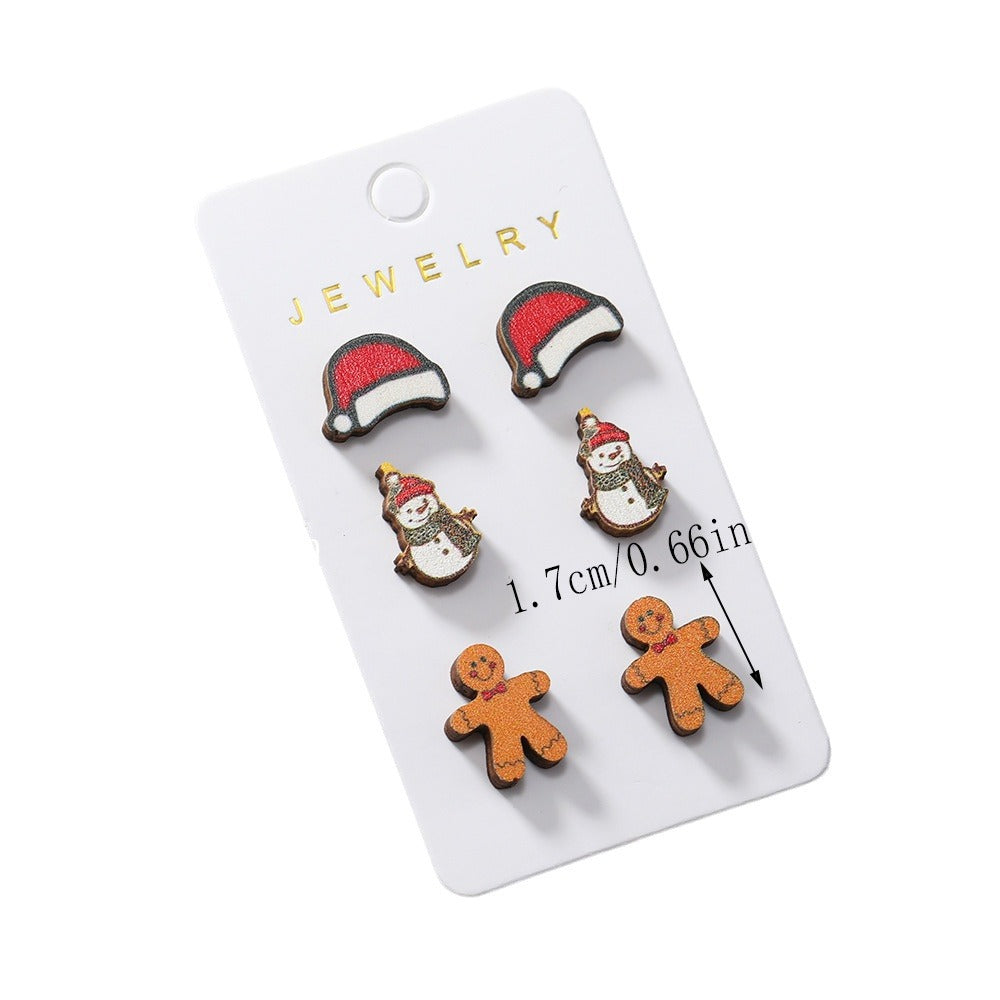 Wholesale Christmas Cartoon Gingerbread Man Christmas Hat Snowman Wood Earrings Set ACC-ES-MT002