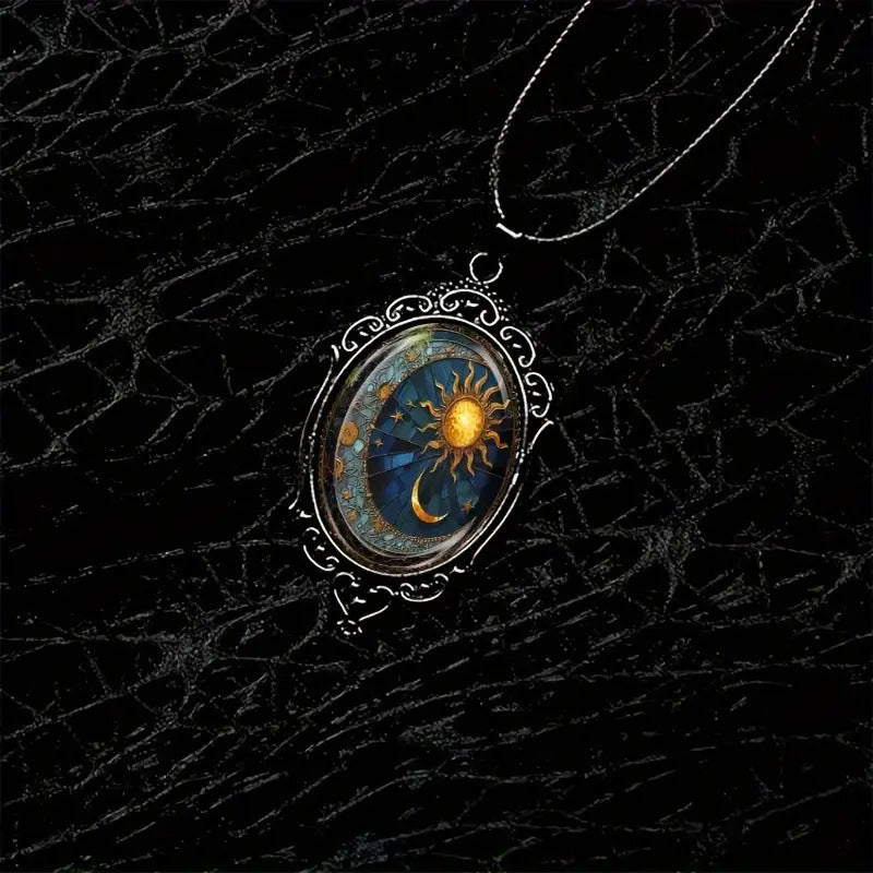 Wholesale Oval Glass Pendant Necklace Sun Moon Black Frame Jewelry Accessory