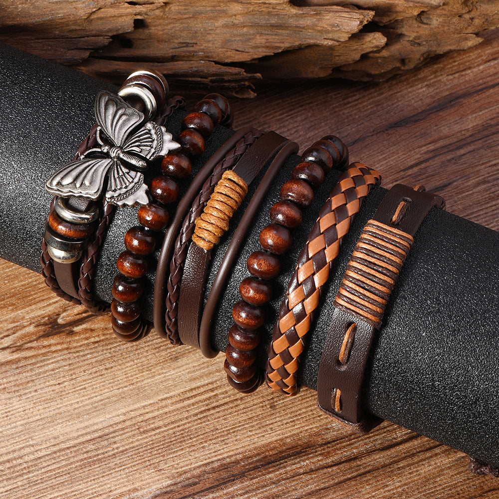 Wholesale Stylish Retro Butterfly Handmade Leather Bracelet Set 6 Piece Unisex Jewelry Accessory For Gift And Boutique Resale