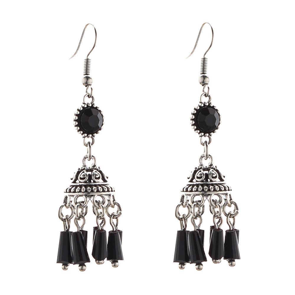 Wholesale Zinc Alloy Vintage Lantern Earrings Black Crystal Tassel Jewelry Accessory