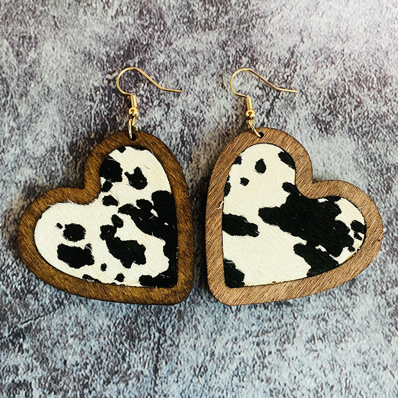 Wholesale  Leather  Love Leopard Horse Hair Inlaid Wooden Earrings