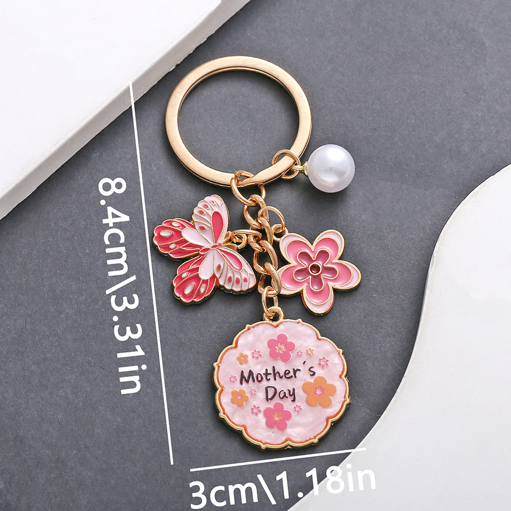 Wholesale Oil Dropping Pink Butterfly Flowers Pearl HAPPYMOTHER' SDAY Keychain Jewelry Pendant
