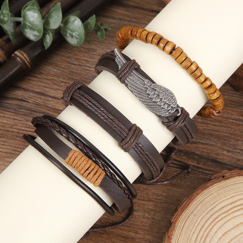 Wholesale Handmade Layered Leather Wood Bead Bracelet Retro Angel Wings Unisex Boutique Resale