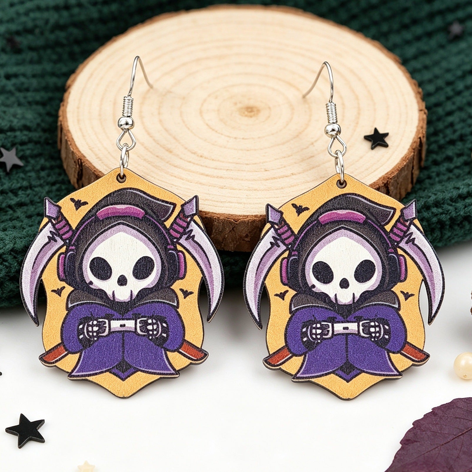 Wholesale  Cartoon Death Sickle Wooden Earrings Skull Bat Print Fashion Accessory Gift Boutique Resale
