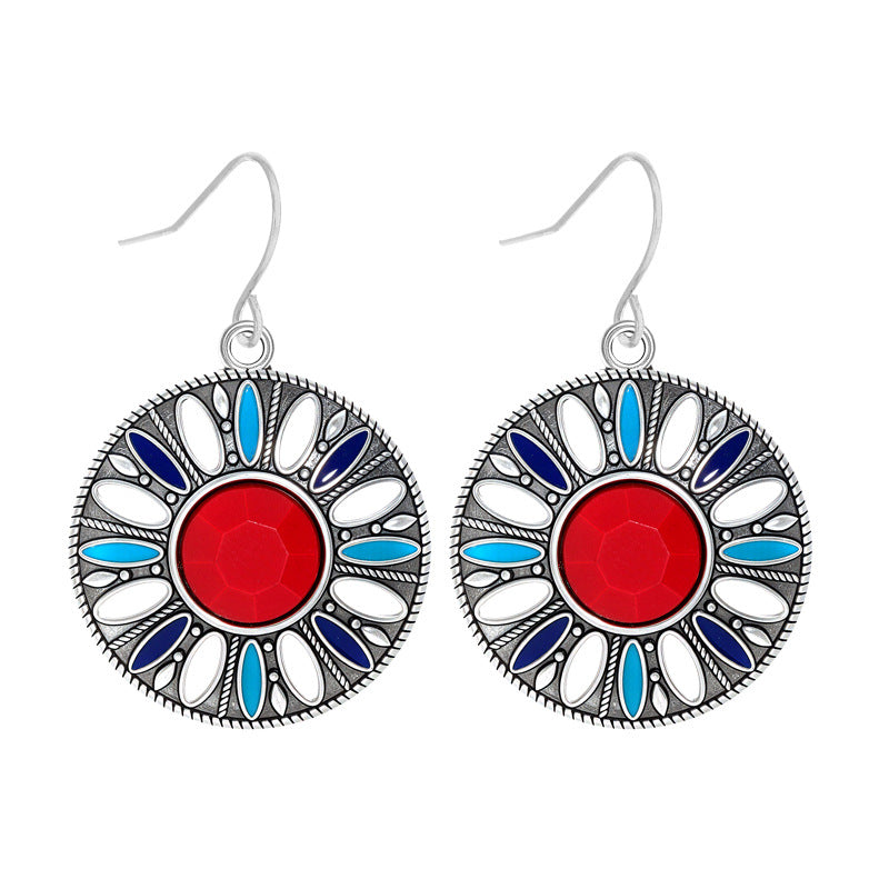 Wholesale Alloy Bohemian Round Pendant Oil Drop Earrings Trendy Jewelry Accessory