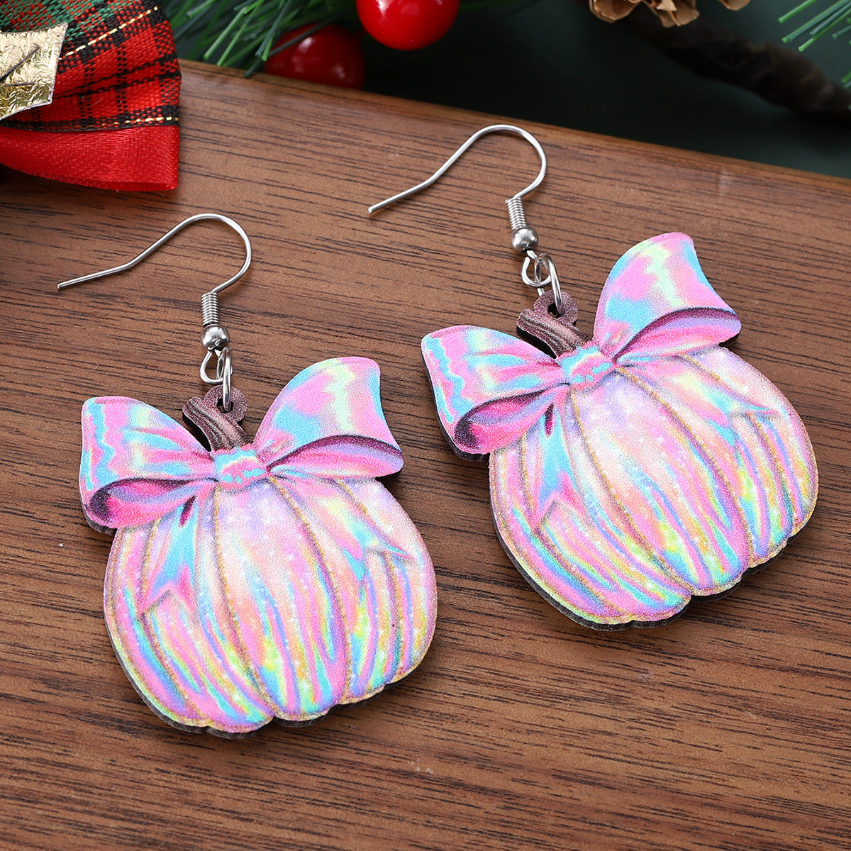Wholesale Bow Painted Pumpkin Pendant Wooden Double-Sided  Earrings