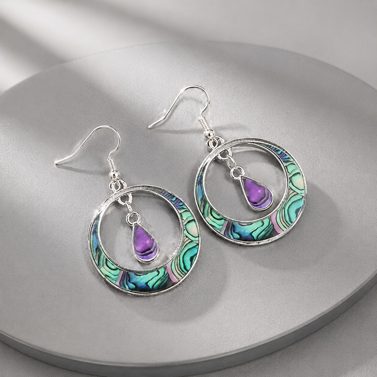 Wholesale Bohemian Hollow Circle Teardrop Purple Gem Palace Style Alloy Earrings Fashion Accessory Gift For Party Boutique Resale