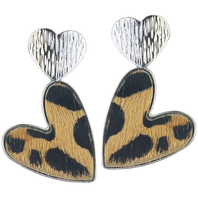 Wholesale 2 Pairs/pack Metal Love Heart Western Style Cow Print Leopard Print Alloy Earrings ACC-ES-HY136