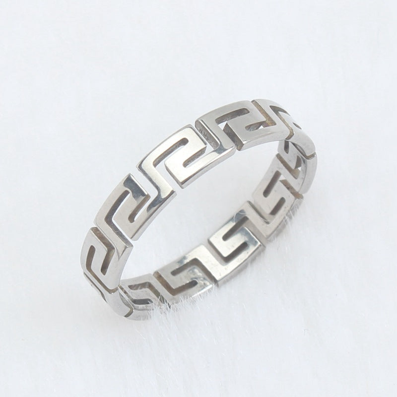 Wholesale simple hollow Great Wall pattern titanium steel ring