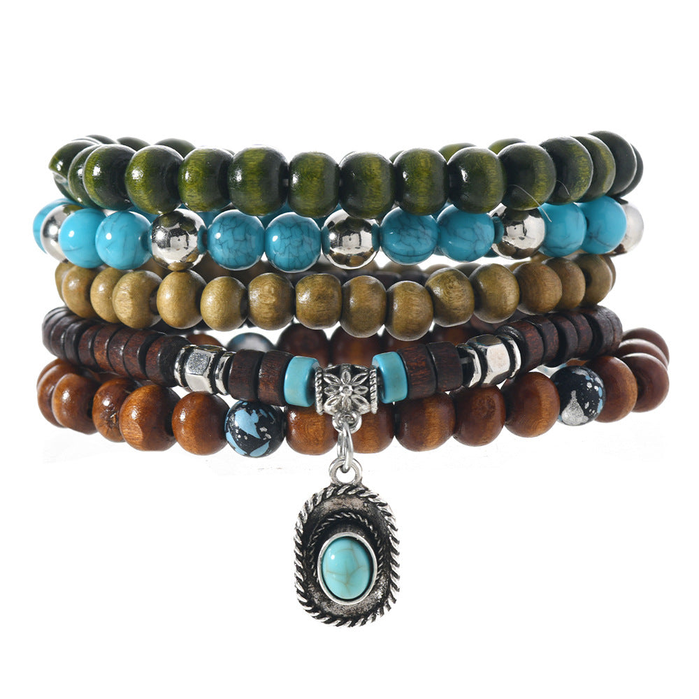 Wholesale Bohemian Style nut Shell Wooden Beads Turquoise Handmade Bracelet