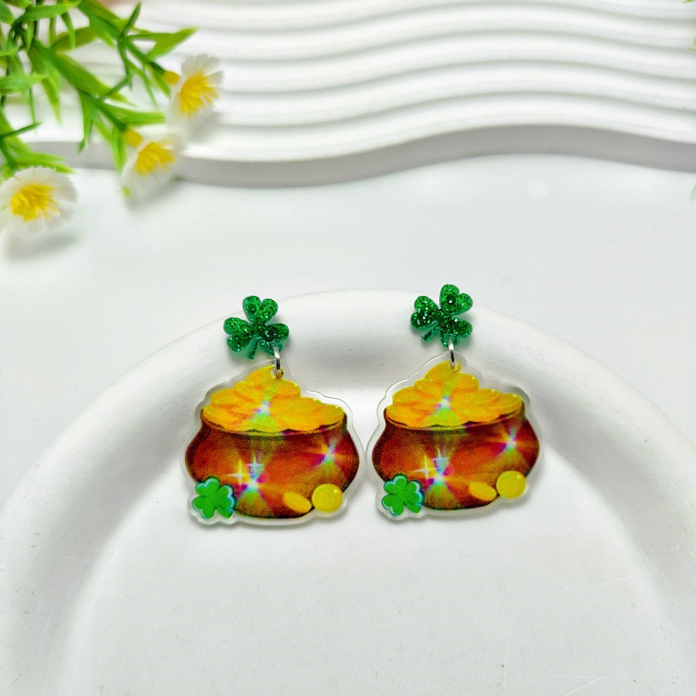 Wholesale 10pcs St. Patrick's Day Acrylic Glitter Green Hat Clover Earrings