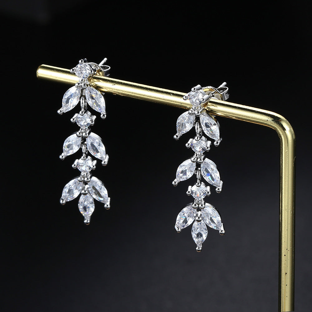Wholesale Zircon Long Leaf Copper Earrings