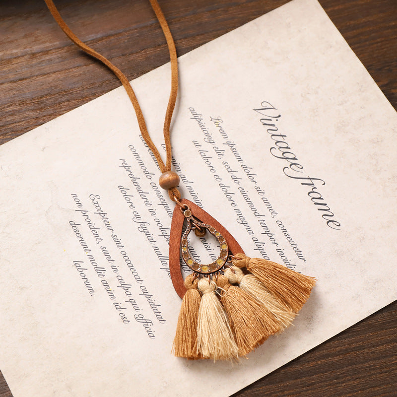 Wholesale Bohemian Vintage Long Tassel Necklace,  Handwoven Mixed Material Pendant,  Chic Jewelry Accessory for Women
