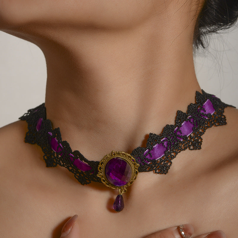 Wholesale retro black lace velvet diamond necklace