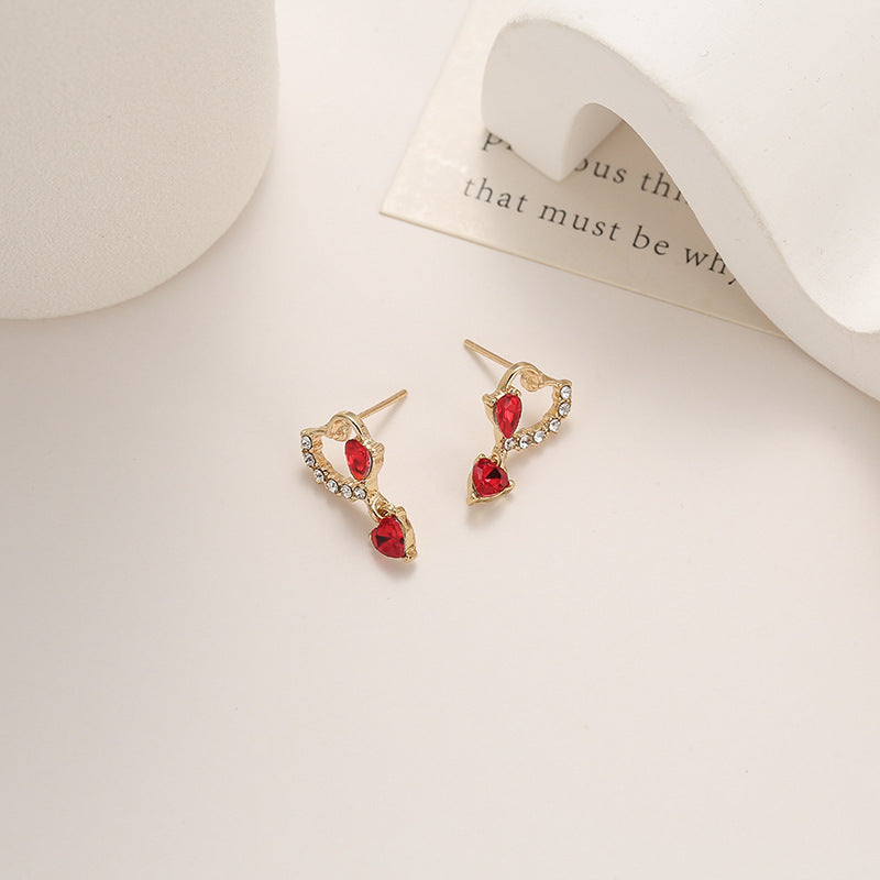 Wholesale Silver Needle Zircon Earrings Small Red Heart Shaped Zircon Earrings