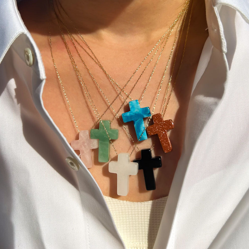 Wholesale Stainless Steel Luxury Style Cross Natural Stone Pendant Necklace