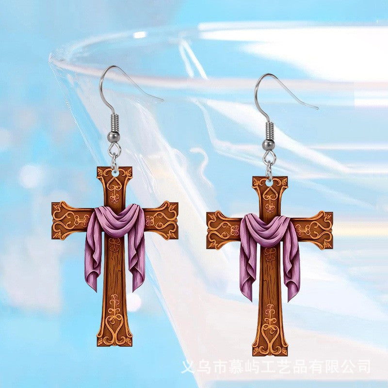 Wholesale Purple dangling cross earrings