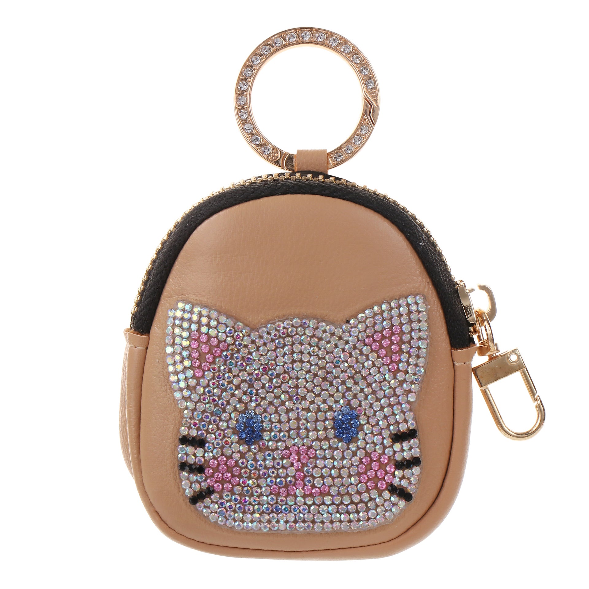 Wholesale Cute Cat Faux Leather Keychain Zipper Pouch Rhinestone Embellished Pink Trendy Wedding Gift Boutique Resale Accessory